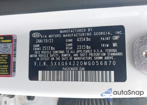 2021 Kia K5 Gt-Line из США, поврежденный, VIN 5XXG64J20MG056870